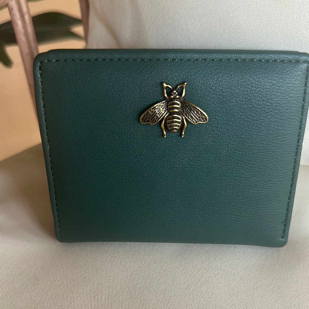 Green Leather Wallet with Gold Bee Accent
